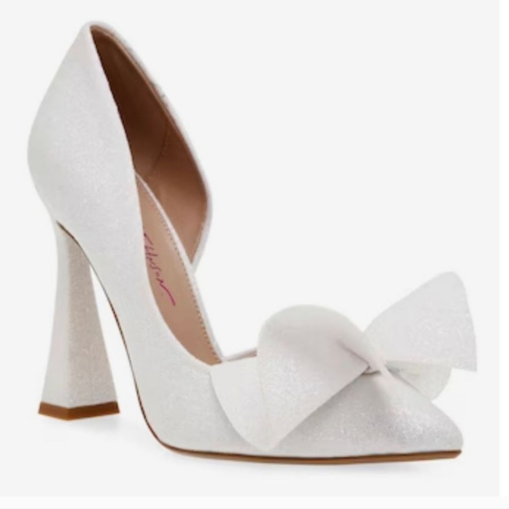 Betsey Johnson White Glitter Bow Pointed Toe Heels